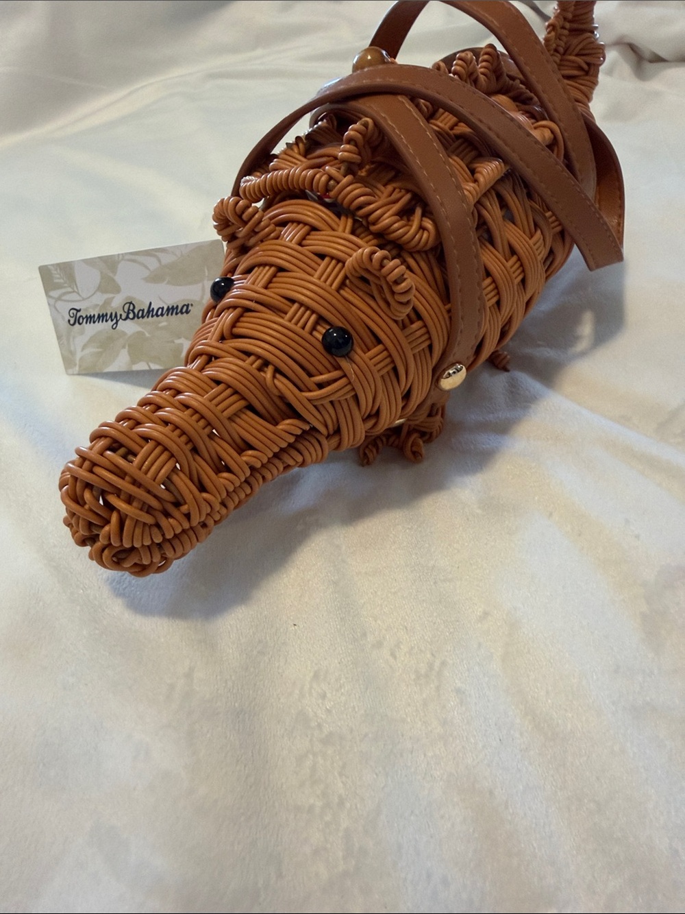 Tommy Bahama Woven Alligator Basket Crossbody in Cognac Brown - Picture 2 of 6